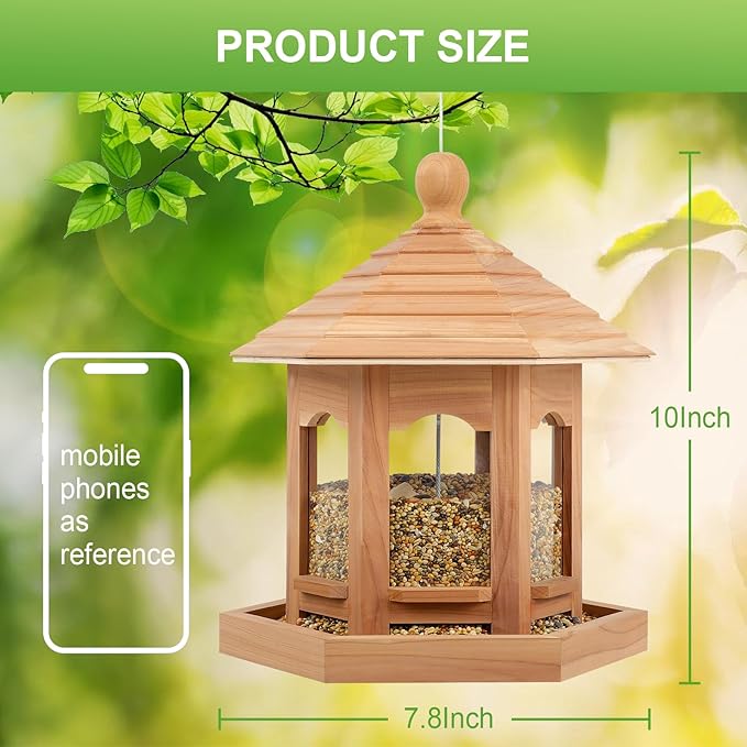 Wooden Bird Feeder for Outdoors Hanging, Red Cedar Hexagon Shaped Large Capacity, Cardinal Birdfeeder for Garden Decoration Yard, Weatherproof and Durable(Medium)