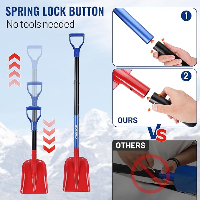 WORKPRO 47" Adjustable Snow Shovel, Lightweight Aluminum Detachable Shovel with Storage Bag for Car, Driveway, Garden, and Camping, Durable Emergency Snow Shovel for Winter Snow Removal