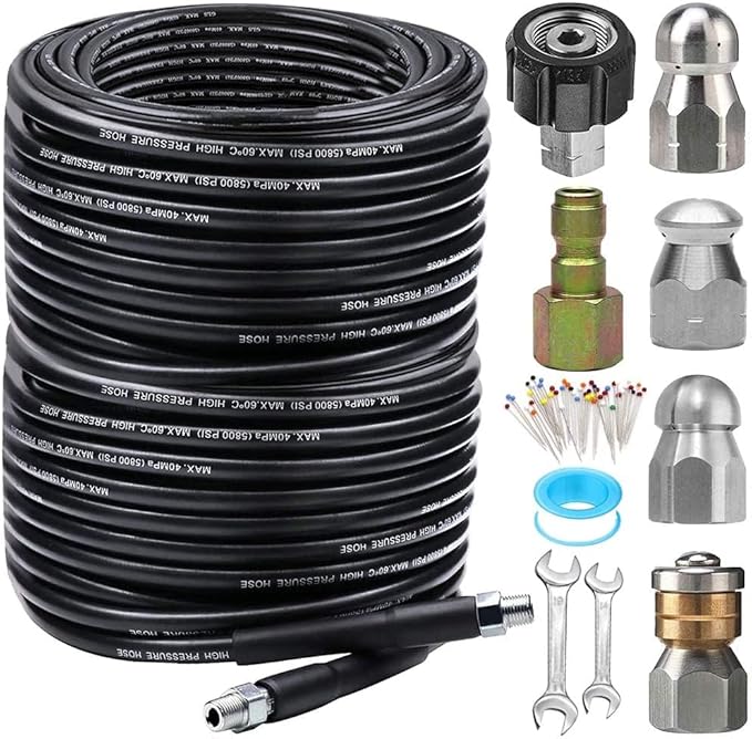 200FT Sewer Jetter Kit for Pressure Washer, 5800PSI Drain Cleaner Hose 1/4 Inch NPT Corner, Rotating and Button Hose Sewer Jetting Nozzle Pearl Corsage Pin Waterproof Tape with 2 Spanner