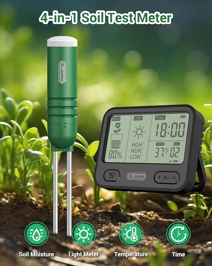 4-in-1 Soil Moisture Meter, 300ft Wireless Soil Tester Sensor, Temperature/Light/Time/Soil Hygrometer Monitor with Digital LCD Display for Indoor Outdoor Plants, Garden, Lawn, Gardening Gifts