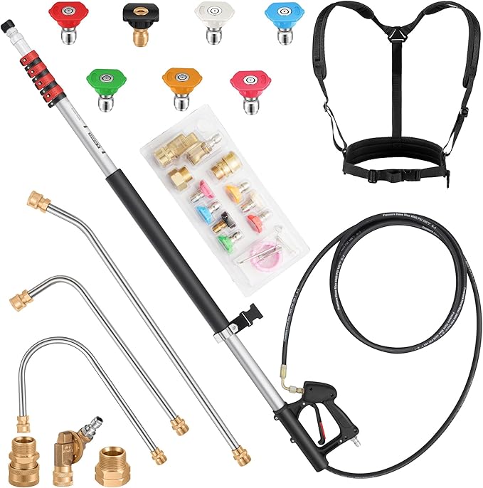 24 FT Gutter Cleaning Tools from The Ground - Telescoping Pressure Washer Wand - Gutter Cleaner Attachment with Power Washer Extension Wands, 7 Spray Nozzle Tips, 3 Hose Adapters and Support Belt