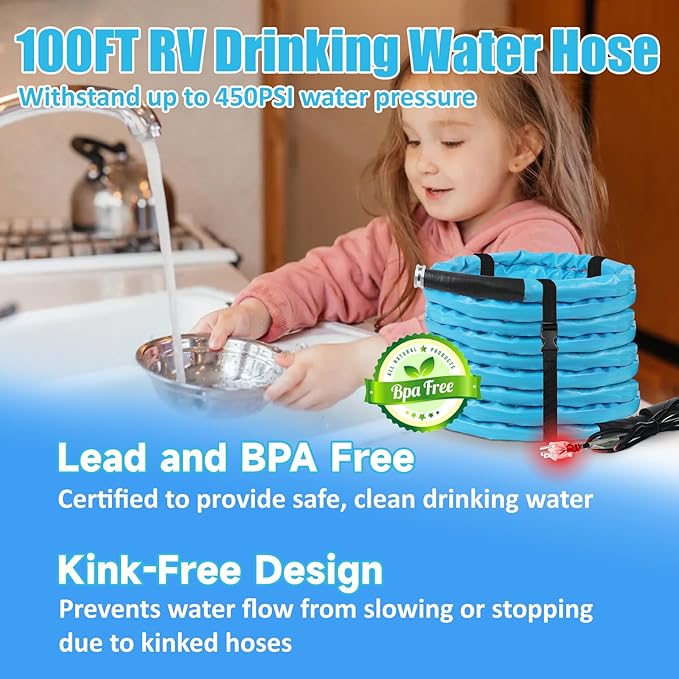 OEBLD Heated Water Hose for Rv (100ft L x 5/8"ID) 4.0 Upgraded Function with Energy Saving Thermostat to Keep Drinking Water Running in down to -45℉, Designed for Campers,with Storage Bag, Anti-Freeze