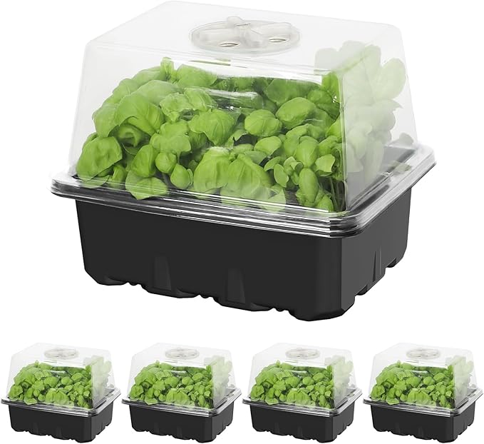 MIXC Seed Starter Kit with Grow Light, Elevated Seedling Tray Kit with Adjustable Humidity Dome and Clear Cell Tray, 12 Full Spectrum Led Beads for Seed Starting Greenhouse, 4 Pack, Black