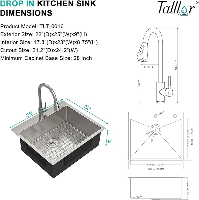 25 Inch Drop In Kitchen Sink with Faucet - 25x22 Drop in Kitchen Sink Premium 16 Gauge 304 Stainless Steel Topmount Single Bowl Sinks with Accessories #TLT-0016