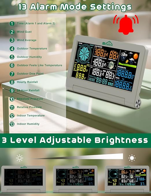 SQECH Weather Station,Weather Stations Wireless Indoor Outdoor with 7-in-1 Outdoor Sensor,Home Weather Station with Weather Forecast,Temp&Humidity,Rain Gauge,Wind,Moon Phase,Calendar,Alarm Clock