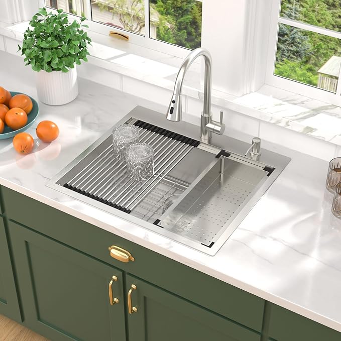 25" Drop In Kitchen Sink with Faucet Combo - 25x22 Kitchen Sinks Drop In and Faucet Combo Set Workstation 16 Gauge Stainless Steel Topmount Single Bowl Over Counter Sinks Basin #TLT-0018