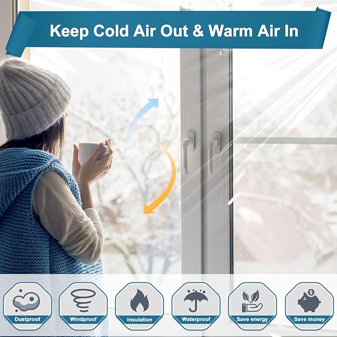 2 Pack Window Insulation Kit, Plastic Window Covering 62 Inch Wide × 393 Inch Length with Double-Sided Tape, Insulator Seal Kit for 20-3'x5' Windows Winterizing for Winter, 2 Roll Clear