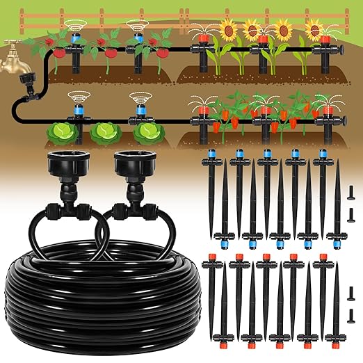 110FT Quick-Connect Drip Irrigation Kit, Garden Watering System DIY Automatic Irrigation Equipment Set for Lawn Raised Bed Greenhouse Plant Watering with 1/4'' Tubing, Drip Emitters, Connectors