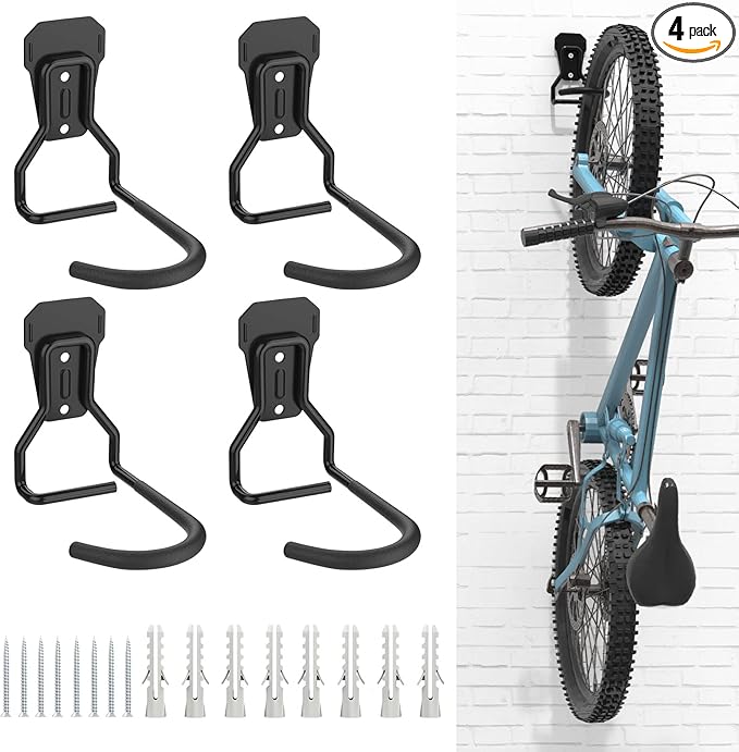 Housolution Bike Wall Mount with Fixed Hook, [4 Pack] Heavy Duty Bike Storage Rack, Bike Rack Vertical Stand for Garage - Easily Hang/Detach - with Screws Iron Bike Hanger Brackets