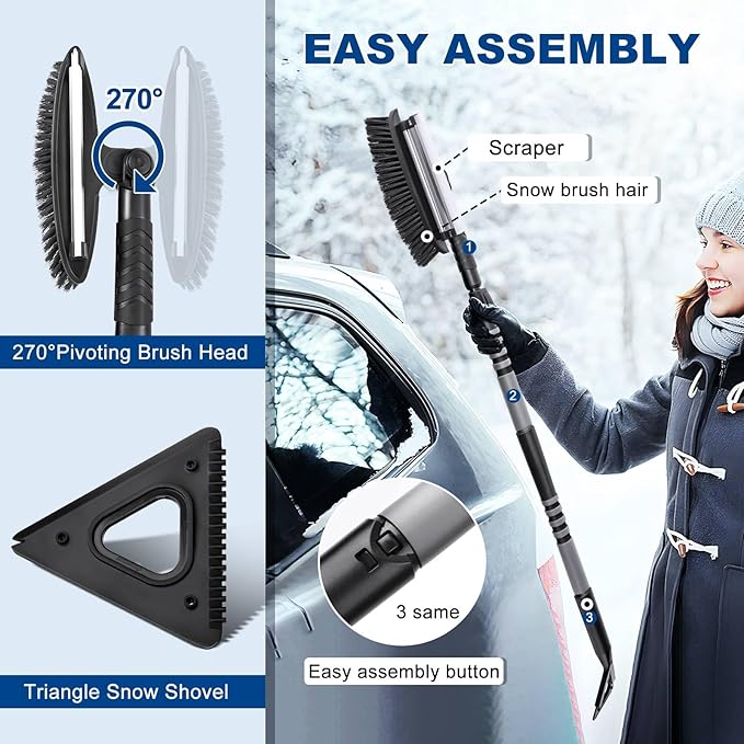 72" Long Snow Brush Ice Scraper | Extendable | Multipurpose | Easy to Use | Antifreeze Gloves | 270° Pivoting | Snow Ice Removal | Fit for Car SUV MPV Truck Van Windshield Window Roof Gift