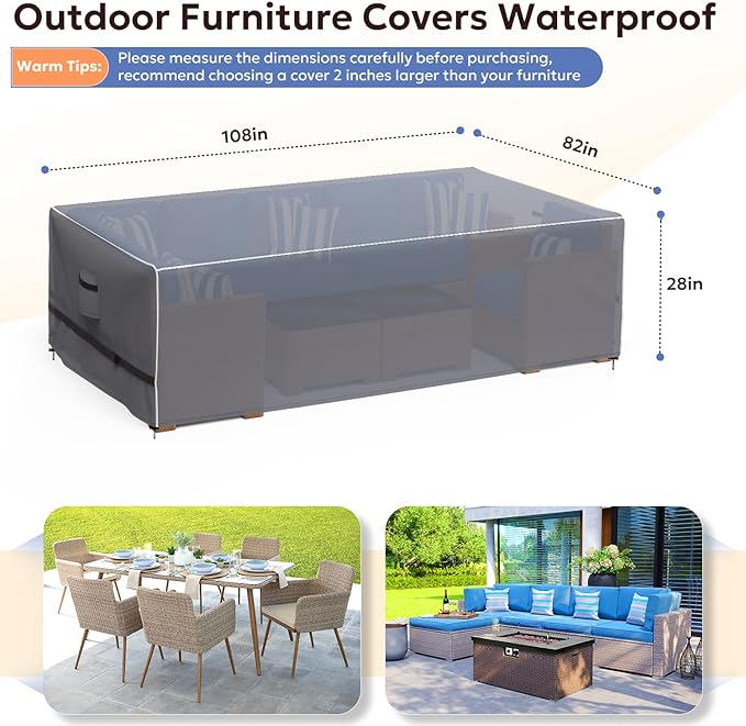 Outdoor Furniture Covers Waterproof, Upgrade Windproof Patio Furniture Covers, Tear-Resistant Patio Table and Chair Set Cover with Buckle Straps and Elastic Hem, 108" L× 82" W× 28" H, Grey