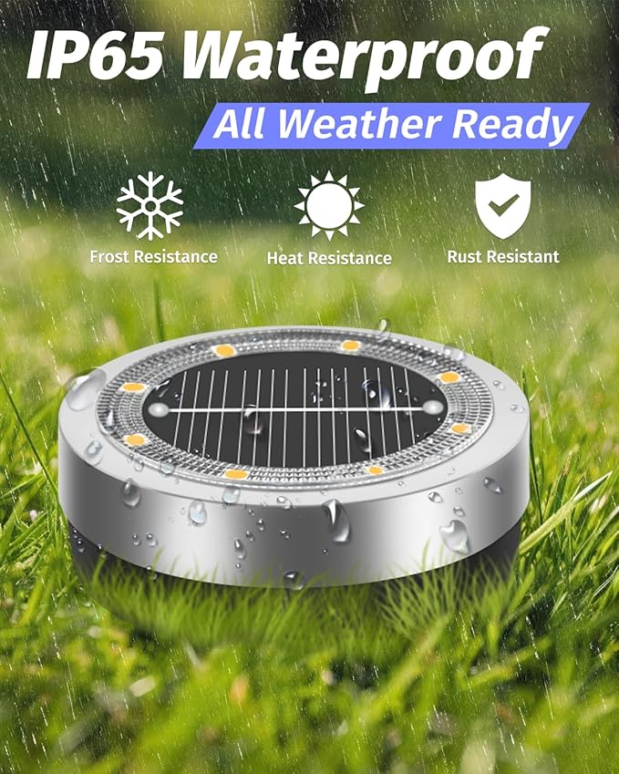 Mini Solar Ground Lights 2 Pack Outdoor IP65 Waterproof Solar Flat Garden Light Solor Powered Disc Pathway Lights for Outside Walkway Yard Landscape Patio Lawn Driveway-Warm White