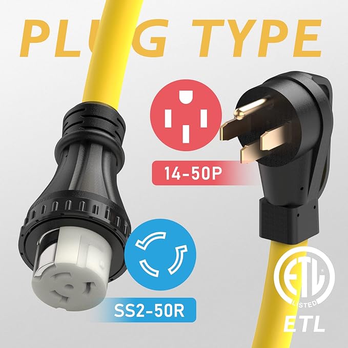 TOOLIOM 50 Amp Generator Cord, NEMA 14-50P/SS2-50R Twist Lock 50 AMP for RV, 125/250V 12500W 6/3+8/1 AWG STW Generator Extension Cord, ETL Listed (50FT)