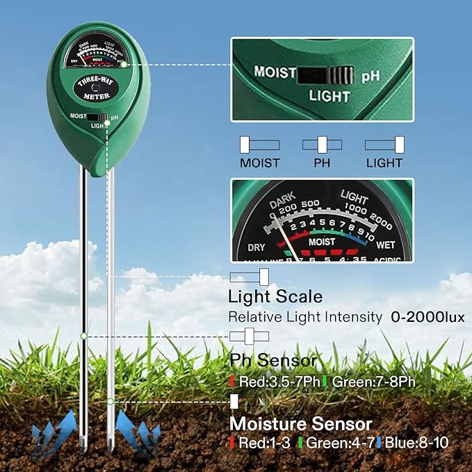 VIVOSUN Soil Tester, 3-in-1 Plant Moisture Meter Light and PH Tester for Home, Garden, Lawn, Farm, Indoor and Outdoor Use, Promote Plants Healthy Growth