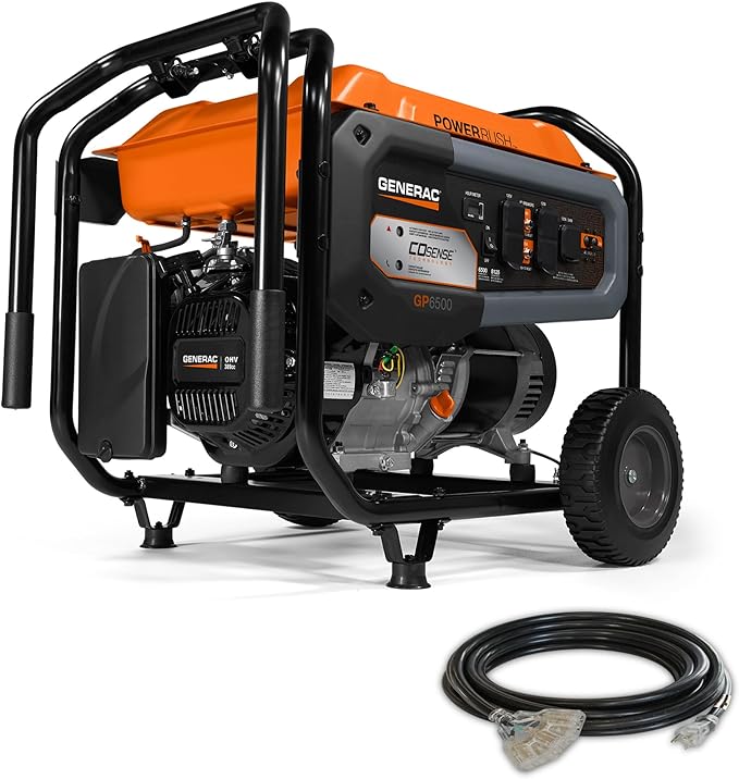 Generac 8,125/6,500-Watt Portable Gas Generator - Electric Start - Includes Extension Cord - Home or RV Ready - Quiet, Long Runtime, Emergency Power - 49-State Compliant