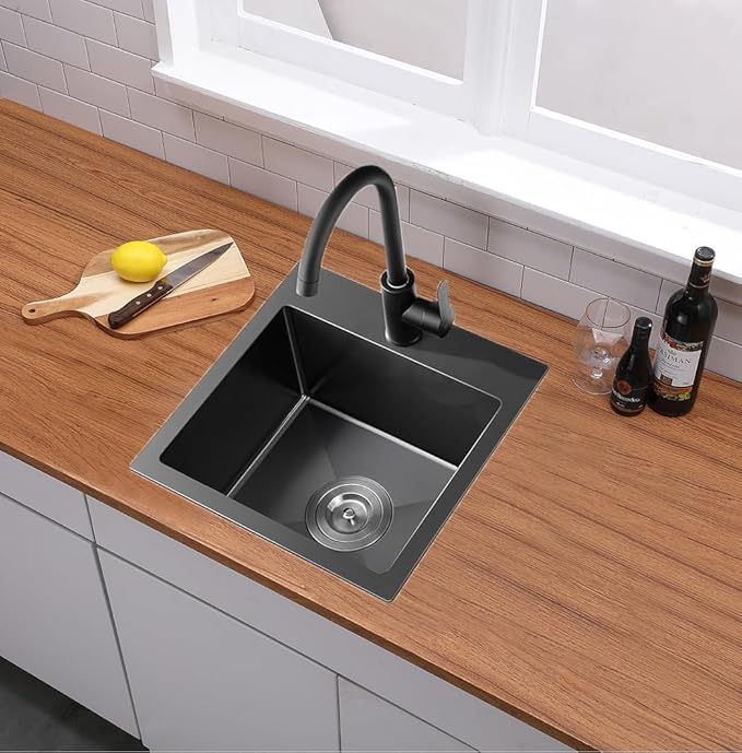 18x18 Inch Black Bar Sink Drop In, Topmount Stainless Steel Kitchen Sink, Square Small Kitchen Sinks, Single Bowl Kitchen Sinks for Laundry Wet Bar Prep RV Office Outdoor Yard