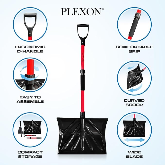 PLEXON Snow Shovel for Driveway, Snow Shovel for Car, Lightweight for Snow Removal, Home Garage, 47" Ergonomic, Plastic with D-Grip Handle