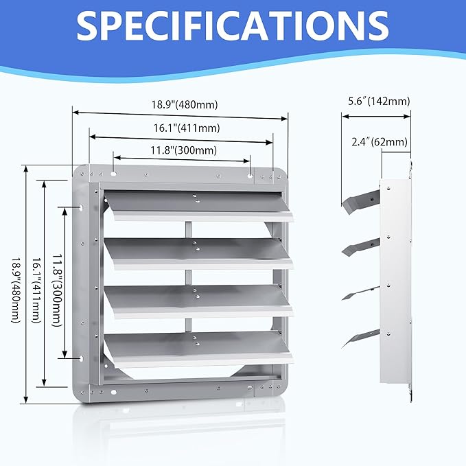 16 Inch Galvanized Shutter Exhaust Louver Vent, Automatic Gravity Shutter Louver Vent for Home Attics, Workshops, Barn, Greenhouse (Motor&Blades are not Included)