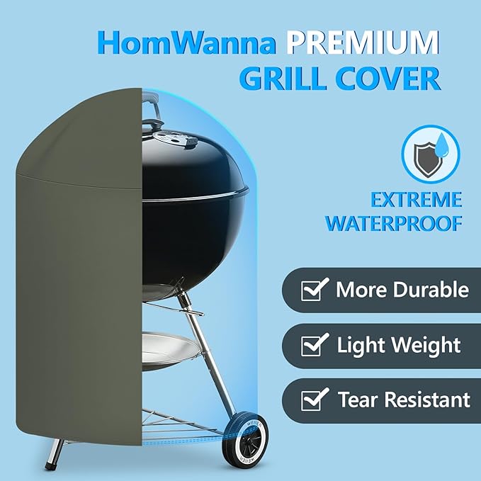 22 Inch Kettle Grill Cover - Superior Charcoal Cover for Weber Original and Master Touch - 600D Outdoor BBQ Cover for 22 Inch Weber Grills and More