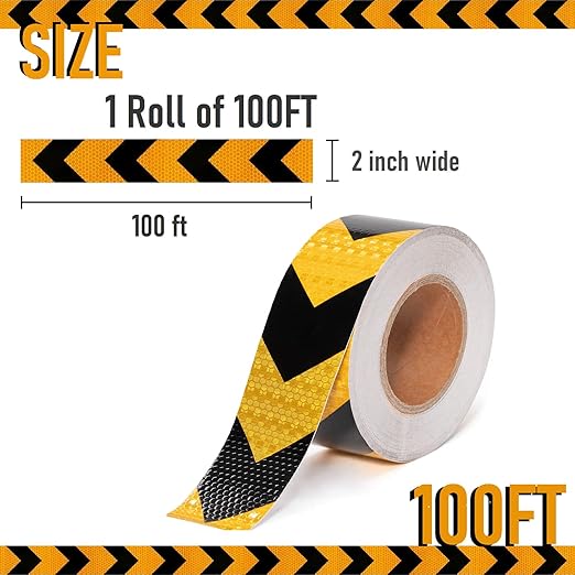2 Inch X 100 Feet Black Yellow Arrow Reflective Hazard Safety Warning Caution Tape, Reflector Industrial Marking Tape for Trailers Vehicles Stairs Steps Floor Boats Outdoor Waterproof