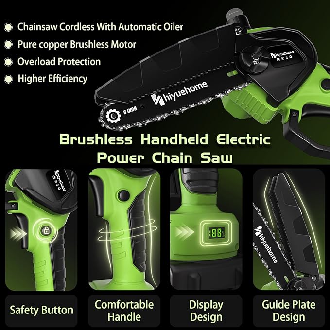 Mini Chainsaw 6inch, Chainsaw Cordless w Automatic Oiler, Handheld Electric Power Chain Saw w Security Lock, Brushless Motor,Power Chain Saws for Wood/Trees Trimming (Green - 2 batteries)