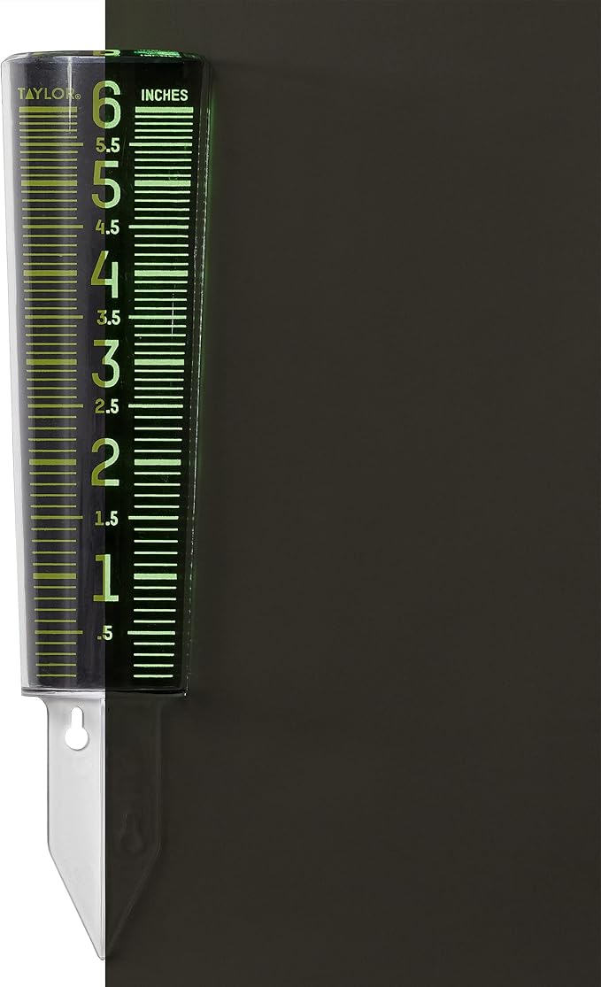 Taylor Glow-In-The-Dark Mountable Rain Gauge, Measure and Monitor Precipitation, Easy to Read for Backyard, Patio, Garden, and Lawn, 6-inch, Black and Green