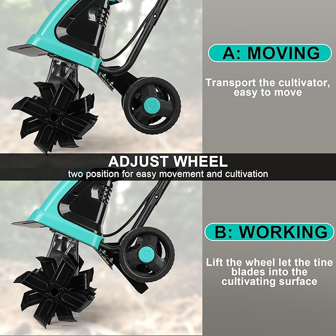 13.5 Amp 12 Inch Electric Tiller/Cultivator with 4 Steel Tines, 8'' Tilling Depth Small Garden Tiller for Gardening, Corded Rototiller with Adjustable Wheels