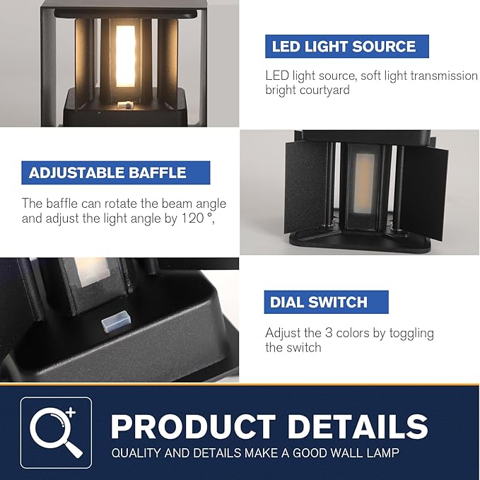 2 Pack LED Outdoor Wall Lights Exterior/Interior 3 Colors Adjustable 15W Wall Light Fixture IP65 Waterproof Porch Exterior Wall Sconce Modern Outdoor Lighting Square Aluminum Black Up and Down Lights