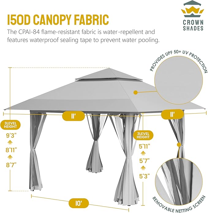 CROWN SHADES 11X11 Outdoor Pop Up Gazebo Base 10X10 Patio Gazebos Patented Center Lock Quick Setup Newly Designed Storage Bag Instant Canopy Tent with Mosquito Nettings (11x11, Gray)