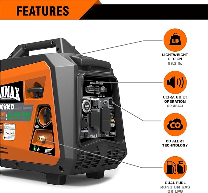 GENMAX Portable Inverter Generator, 3500W Super Quiet Gas or Propane Powered Engine with Parallel Capability, Remote/Electric Start, Ideal for Camping Travel Outdoor.EPA Compliant (GM3500iAED)