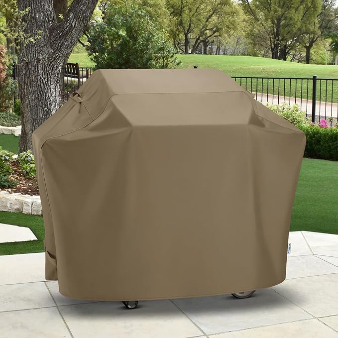 SunPatio BBQ Grill Cover for Outdoor Grill 65 Inch, Heavy Duty Waterproof Barbecue Cover with Sealed Seam, FadeStop All Weather Protection Compatible for Weber CharBroil Nexgrill and More, Taupe