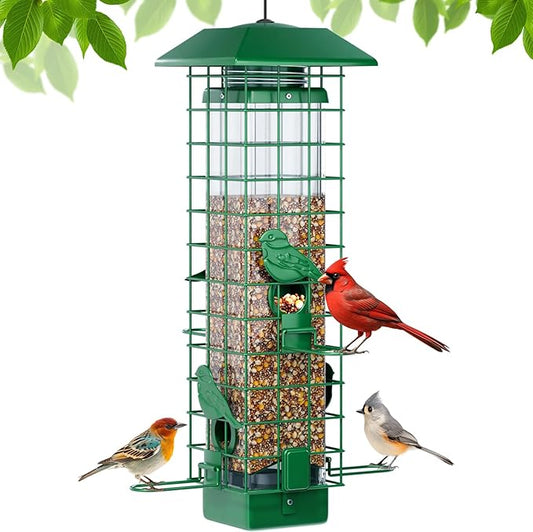 Squirrel Proof Bird Feeder, Metal Bird Feeders for Outdoors Hanging, Weight Activated, 3Lb Capacity, 4 Ports, All-Weather Tube Bird Feeder for Outside, Cardinal Finch Bluebird Wild Bird Feeder
