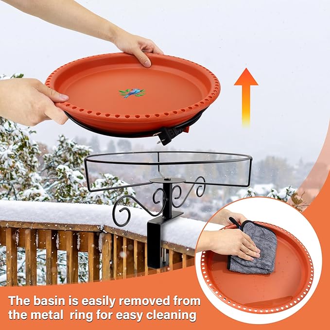 Lovppy Heated Bird Baths for Outdoors for Winter, 100W Heated Bird Bath Water Heater with Thermostatically Controlled, Heated Bird Bath for Deck Railing Outside Garden Patio Yard (Brown)