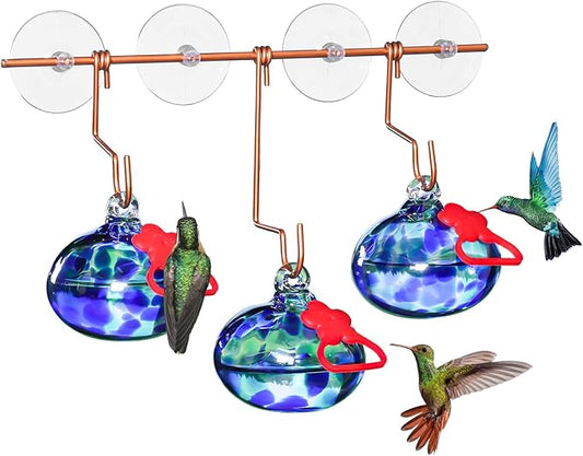 Window Hummingbird Feeder with Suction Cups,Hand-Blown Glass Hummingbird Feeders for Outdoors Window Mounted with Metal Hook,Close Bird Watching,Finch in Garden,Yard(Dotted Blue)