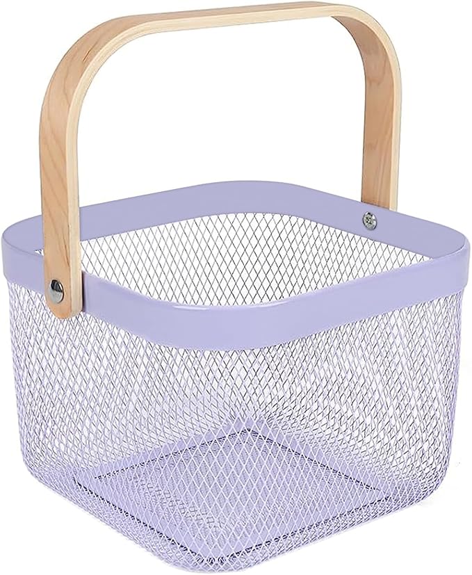 Metal Mesh Steel Basket, Storage Organizer Basket Multi-functional Hanging Kitchen Baskets Fruit Basket Bin with Bamboo Handle for Kitchen Bathroom Picnic Shopping Decor Cabinet Home, Purple