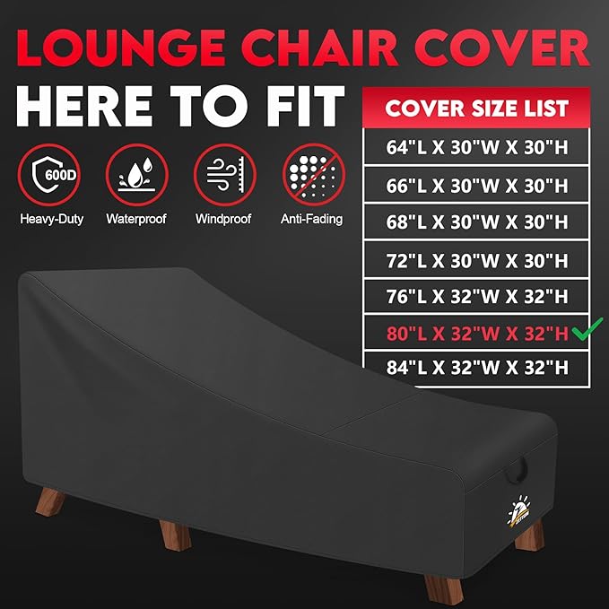 Outdoor Lounge Chair Cover - Waterproof Patio Chaise Lounge Chair Cover, 600D Heavy Duty Fade-Resistant Outdoor Seating Covers for Pool Lounge Chair, Lawn Bench Furniture 80 x 32 x 32 Inch