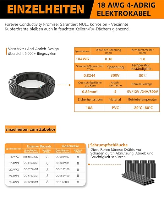 18 AWG 4 Conductor Electrical Wire-18/4 Gauge Stranded PVC Cord-Oxygen-Free Tinned Copper Core,12V/24V Low Voltage Flexible Cable for Automotive Marine LED Strips,Solar Lighting (49.21FT)
