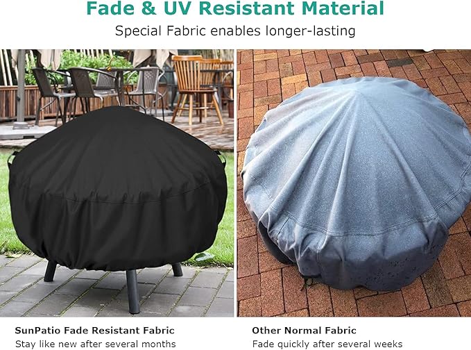 SunPatio Round Fire Pit Cover 32 inch, Heavy Duty Waterproof Patio Fire Bowl Cover with Adjustable Drawstring and Handles, UV & Rip & Fade Resistant, 32" Dia x 14"H, Black