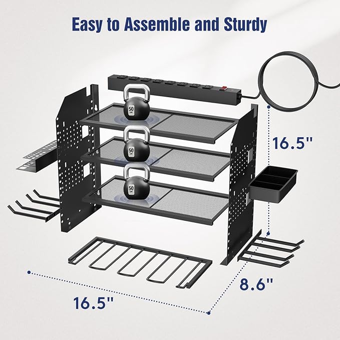 Heavy Duty Power Tool Organizer Wall Mount with Charging Station, 4 Layer Garage Storage Adjustable Shelves Height, Holds 4 Drills, 2 Hooks, Screw & Screwdriver box, Gifts for Fathers Day, Anniversary