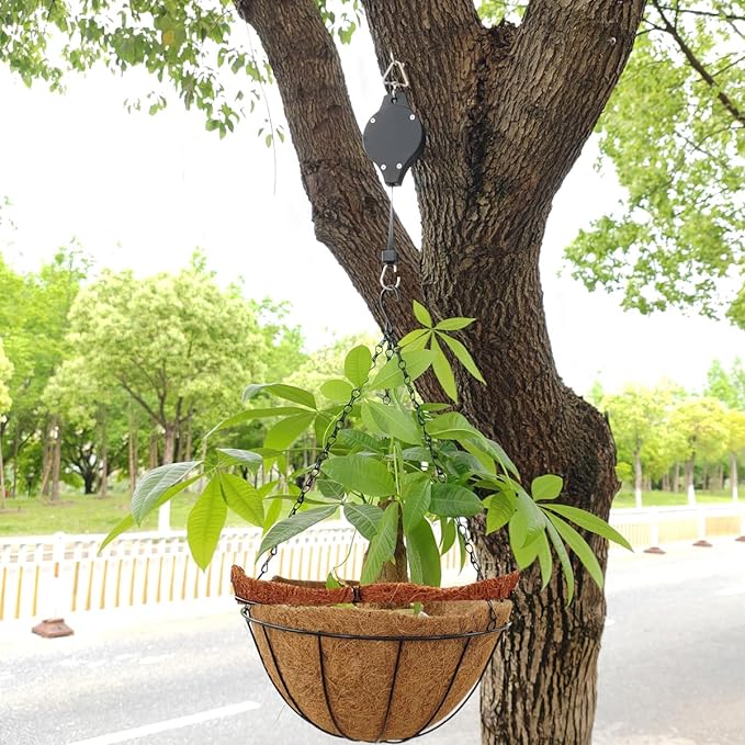 TIHOOD 4PCS Retractable Plant Pulley Hanging Basket Hooks with Ceiling Hooks, Adjustable Rope Clip Hanger for Garden Hanging Basket Pots Indoor & Outdoor Use