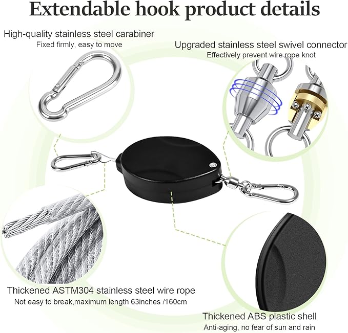 2025Upgraded 2Pcs Heavy Duty Retractable Plant Hanger, 44lbs Load, Auto Lock, Adjustable Hook for Hanging Plants, Bird Feeders, Wind Chimes, Garden Pots,Rust-Proof Stainless Steel,Black