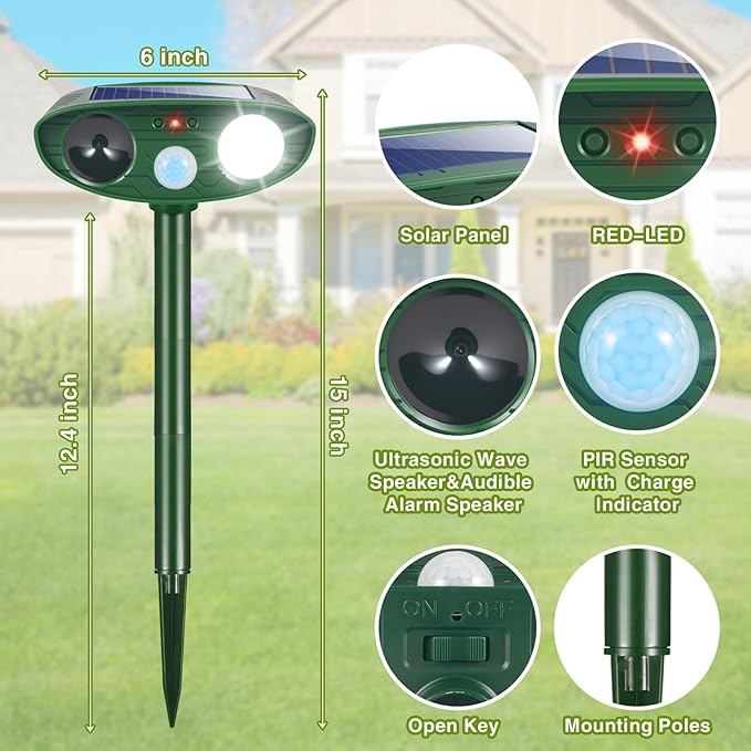 2Pack Solar Ultrasonic Animal Repellent Outdoor Deer Repellent Devices with Motion Detection&Flash Light Squirrel Rabbit Dog Cat Deterrent,Keep Rodent Chipmunk Raccoon Away for Yard Garden Lawn 2025