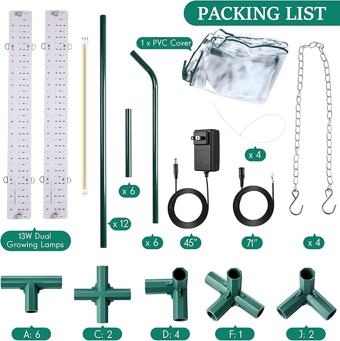 Meonum Indoor Greenhouse with Grow Light, 47.2 L x 23.6 L x 23.6 W Small to Medium Portable Greenhouse with 13W Dimmable Dual Plant Lamp, Timing Function and PVC Cover for Seed Starting