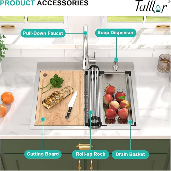 25" Drop In Kitchen Sink with Faucet Combo - 25x22 Kitchen Sinks Drop In and Faucet Combo Set Workstation 16 Gauge Stainless Steel Topmount Single Bowl Over Counter Sinks Basin #TLT-0018