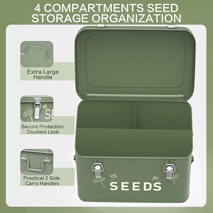 Orionstar Seed Storage Organizer, Metal Seed Saving Box with Lid, Seed Bin with 30 Plant Labels 30 Seed Envelopes 1 Marker Pens, 3 Compartments Box with Safety Locks, Tall Green