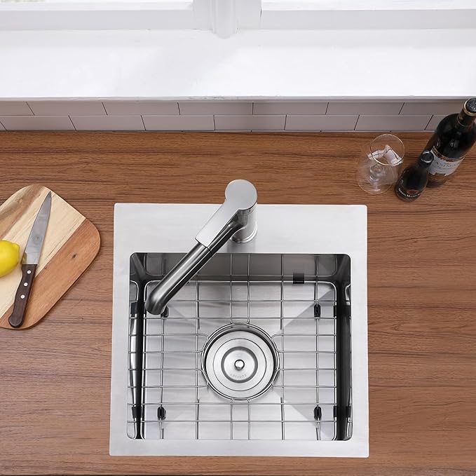 18x18 Inch Bar Sink Drop In Kitchen Sink, Topmount Stainless Steel Square Small Workstation Sinks, Single Bowl Kitchen Sinks for Laundry Wet Bar Prep RV Office Outdoor Yard