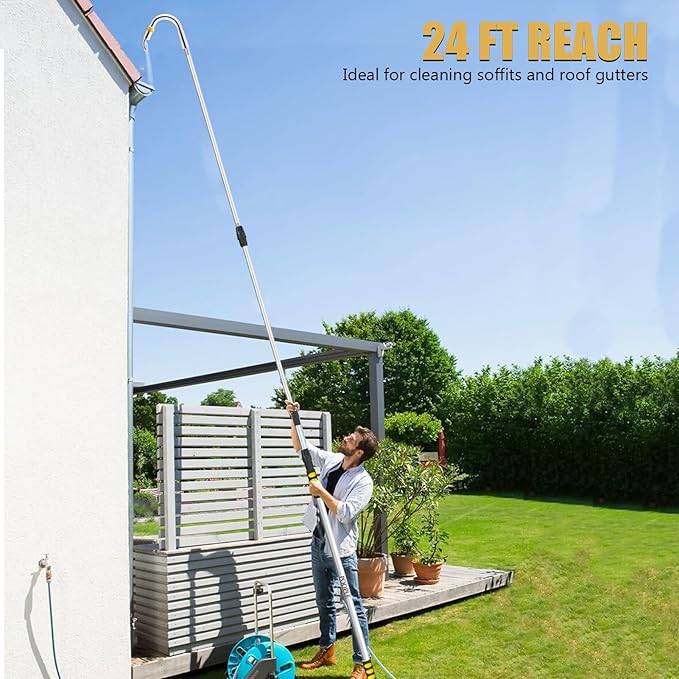 16ft (24ft Reach) Gutter Cleaning Tools from The Ground, Telescoping Rain Gutter Cleaner Tool, Gutters Cleaning Wand, Gutters Cleaning Hose Attachment & Connection Adapter