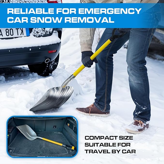 Plexon Metal Scoop Shovel 12" Blade - Aluminium Steel Snow Shovel for Driveway - Heavy Duty Snow Shovel for Car - Fiberglass Handle & Plastic D-Grip - Outdoor Garden Yard, 48" Length