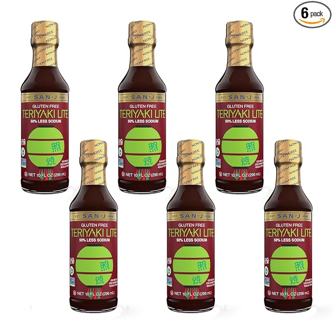 San-J - Gluten Free LITE Teriyaki Sauce with 50% Less Sodium - Well-balanced Sauce for Cooking - Non-GMO - 10 oz. Bottles - 6 Pack