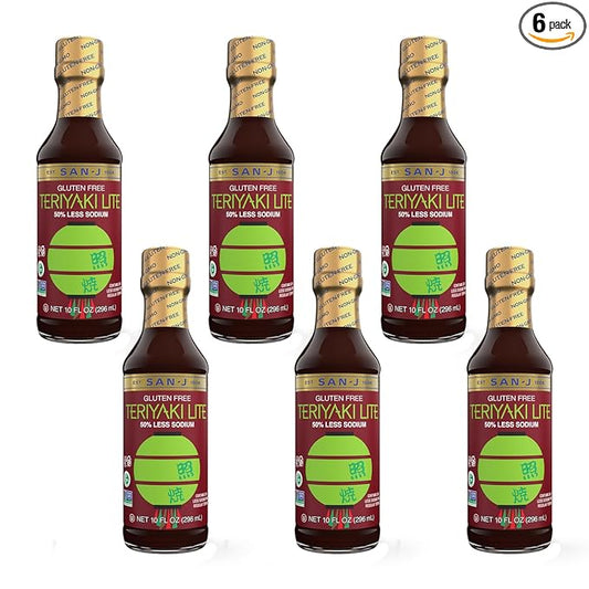 San-J - Gluten Free LITE Teriyaki Sauce with 50% Less Sodium - Well-balanced Sauce for Cooking - Non-GMO - 10 oz. Bottles - 6 Pack